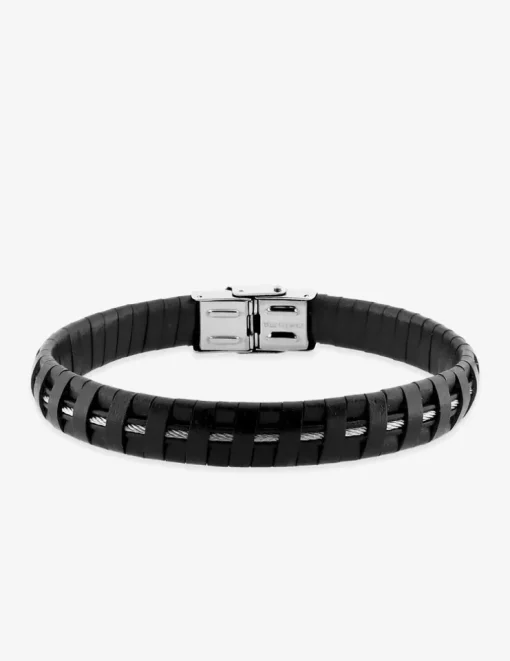 Bracelet acier CARGO cuir tressé cable acier ajustable fermoir dentelé SO OR