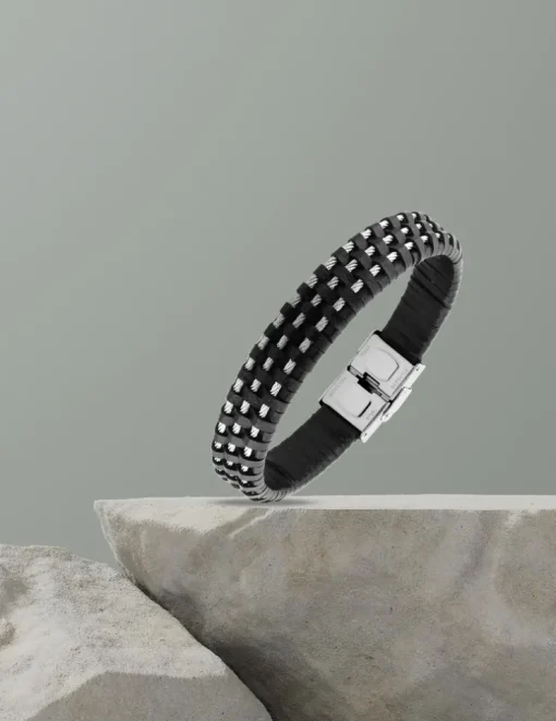 Bracelet acier CARGO cuir tressé, 3 câbles acier, longueur ajustable SO OR