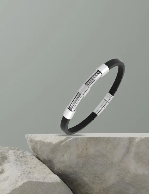 Bracelet acier CARGO en caoutchouc noir et motif acier câble SO OR