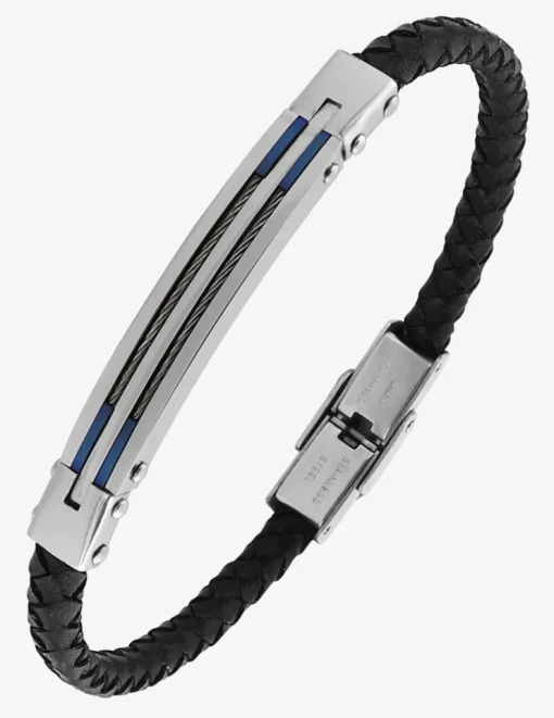 Bracelet acier CARGO et cuir avec double rang câble acier fin SO OR