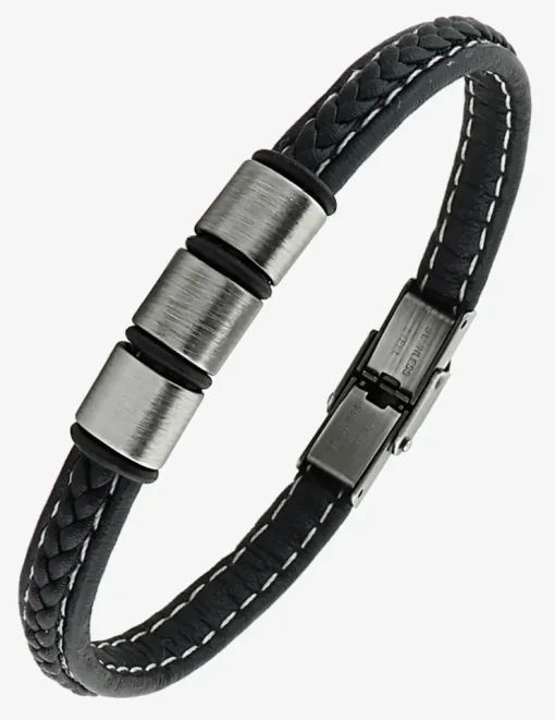 Bracelet acier CARGO et cuir tressé 3 motifs acier brossé finition mate SO OR