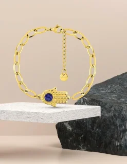 Bracelet acier doré motif main de Fatma et lapis-lazuli bleu SO OR