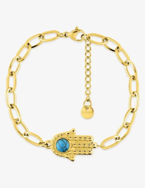 Bracelet acier doré motif main de Fatma et turquoise SO OR