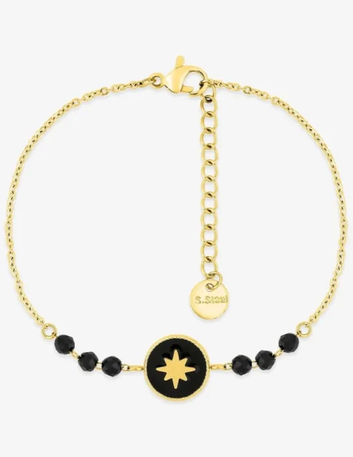 Bracelet acier jaune jeton étoile et agate noire SO OR