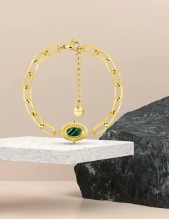 Bracelet alternée acier doré et motif ovale, malachite synthétique SO OR