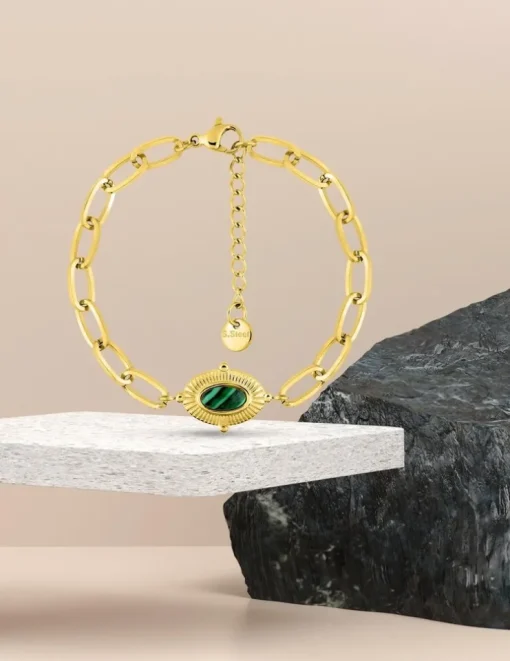 Bracelet alternée acier doré et motif ovale, malachite synthétique SO OR
