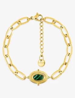 Bracelet alternée acier doré et motif ovale, malachite synthétique SO OR