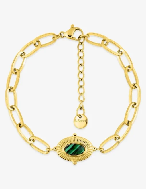 Bracelet alternée acier doré et motif ovale, malachite synthétique SO OR
