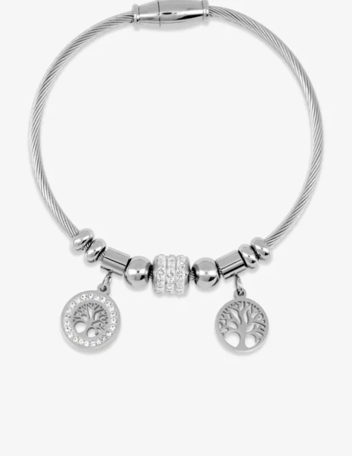 Bracelet câble acier, breloques arbre de vie et cristaux blancs SO OR