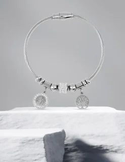 Bracelet câble acier, breloques arbre de vie et cristaux blancs SO OR