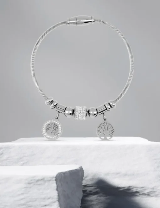 Bracelet câble acier, breloques arbre de vie et cristaux blancs SO OR