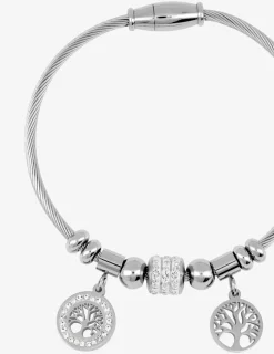 Bracelet câble acier, breloques arbre de vie et cristaux blancs SO OR