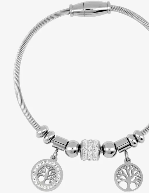 Bracelet câble acier, breloques arbre de vie et cristaux blancs SO OR