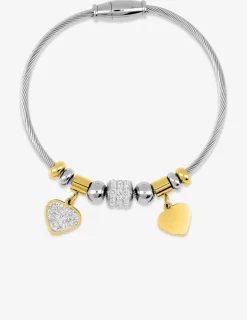 Bracelet câble acier, breloques acier doré et cristaux blancs SO OR