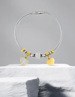 Bracelet câble acier, breloques acier doré et cristaux blancs SO OR