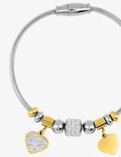 Bracelet câble acier, breloques acier doré et cristaux blancs SO OR