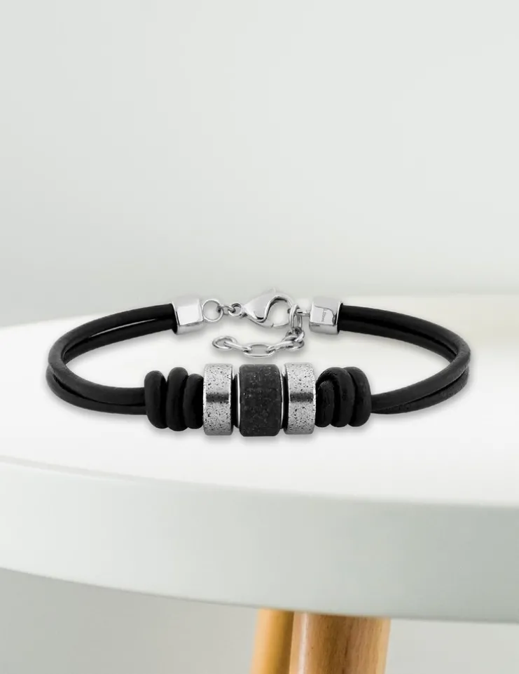 Bracelet cordon cuir et acier SO OR