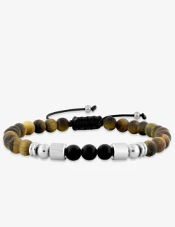 Bracelet cordon œil-de-tigre, agate noire et breloques acier SO OR