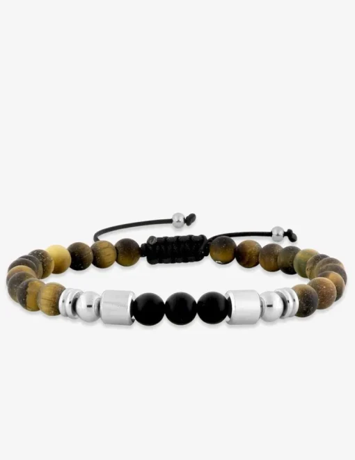 Bracelet cordon œil-de-tigre, agate noire et breloques acier SO OR