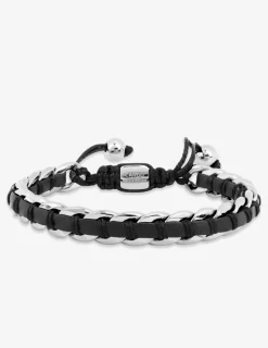 Bracelet cordon noir, acier gris et cuir noir SO OR