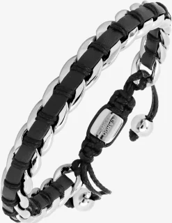 Bracelet cordon noir, acier gris et cuir noir SO OR