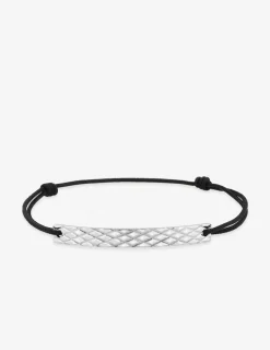 Bracelet cordon noir avec plaque argent rhodié 925 ‰ motif quadrillage. SO OR
