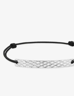 Bracelet cordon noir avec plaque argent rhodié 925 ‰ motif quadrillage. SO OR