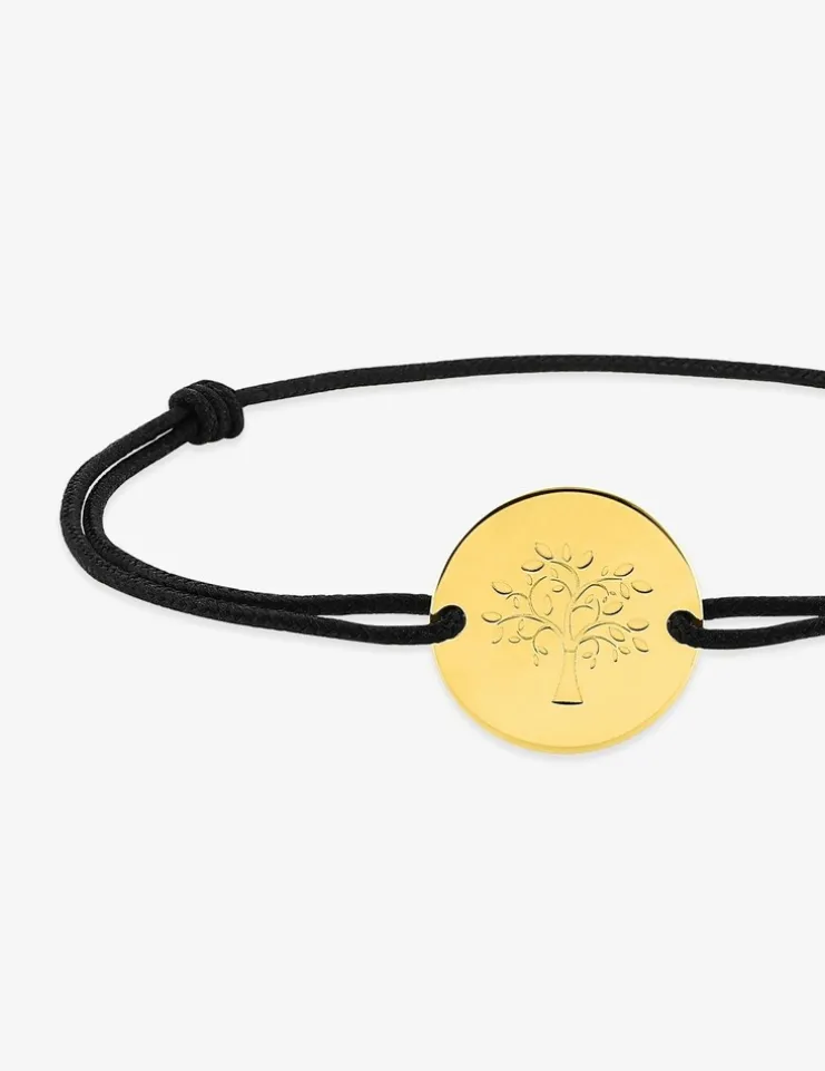 Bracelet cordon noir et jeton or 750 ‰ jaune arbre de vie SO OR