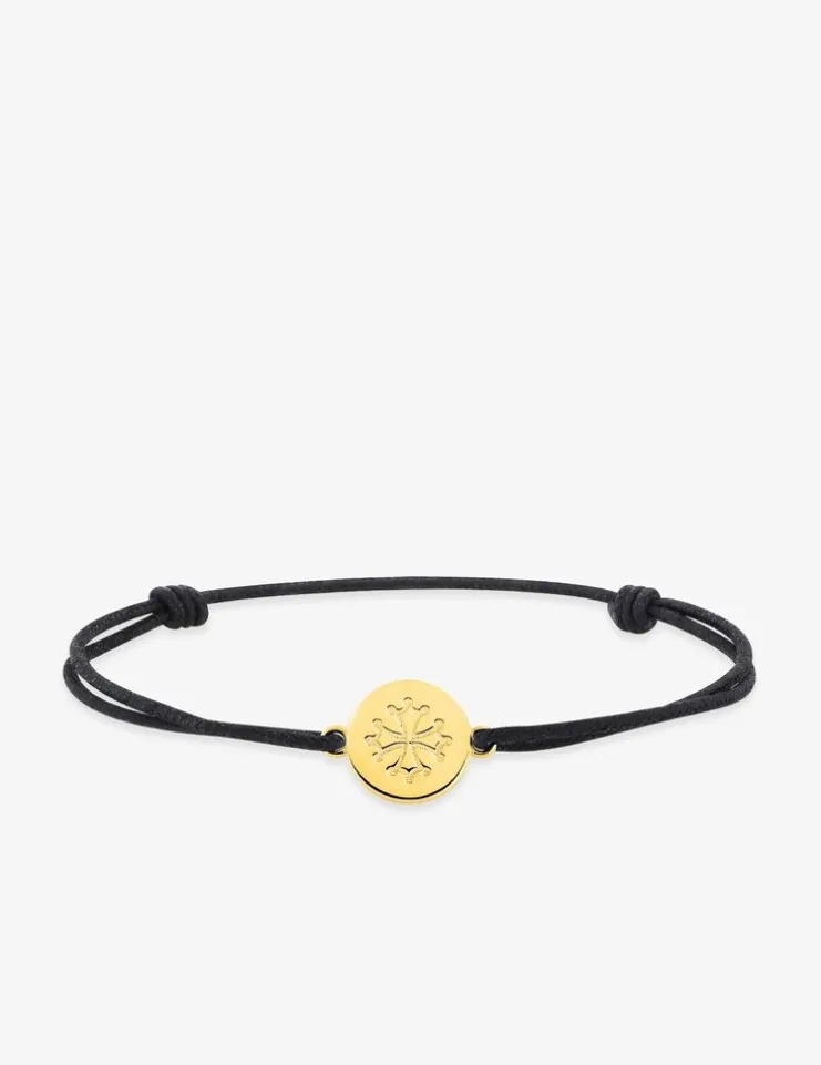 Bracelet cordon noir et jeton plaqué or croix occitane SO OR