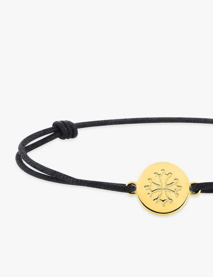 Bracelet cordon noir et jeton plaqué or croix occitane SO OR