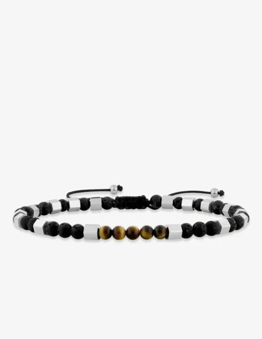 Bracelet cordon nylon, acier et perles pierre de lave et œil-de-tigre SO OR