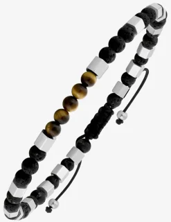Bracelet cordon nylon, acier et perles pierre de lave et œil-de-tigre SO OR