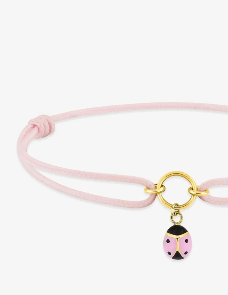 Bracelet cordon rose et pendentif or 375 ‰ coccinelle avec laque rose SO OR