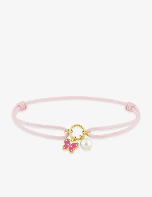 Bracelet cordon rose papillon or jaune 750‰ et perle de culture d'eau douce 4 mm SO OR