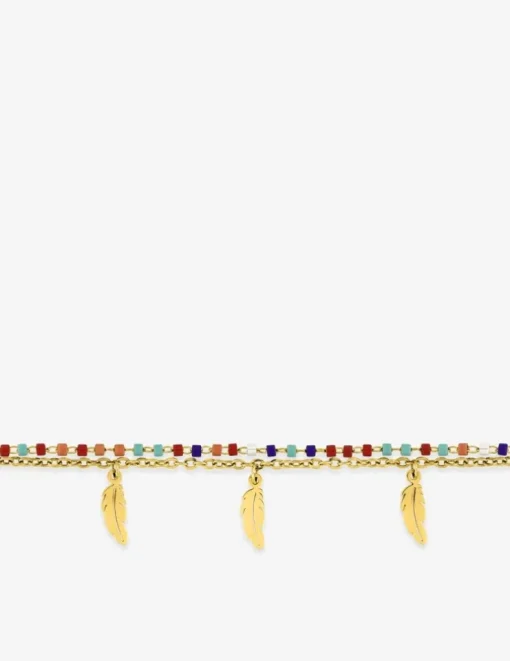 Bracelet cristaux synthétiques multicolores, chaîne et breloques plume acier doré SO OR