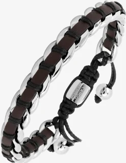 Bracelet cuir marron, acier gris et cordon noir SO OR