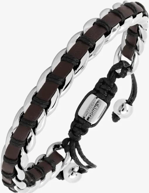 Bracelet cuir marron, acier gris et cordon noir SO OR