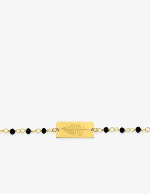 Bracelet fantaisie cristal noir, petite chaîne et plaque en acier doré SO OR