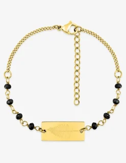 Bracelet fantaisie cristal noir, petite chaîne et plaque en acier doré SO OR