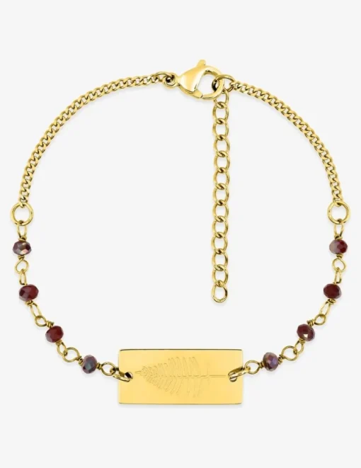 Bracelet fantaisie cristal rouge, petite chaîne et plaque en acier doré SO OR