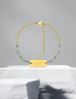 Bracelet fantaisie cristal turquoise, petite chaîne et plaque en acier doré SO OR