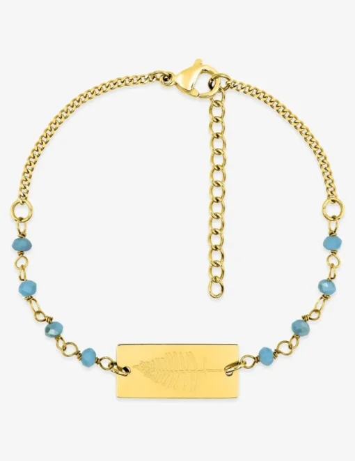 Bracelet fantaisie cristal turquoise, petite chaîne et plaque en acier doré SO OR
