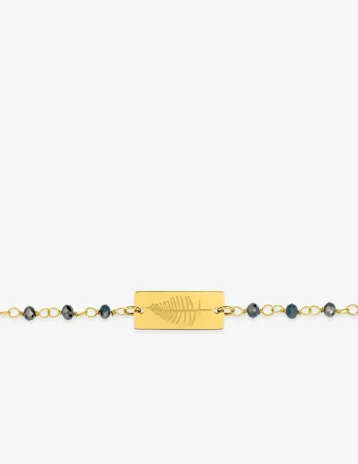 Bracelet fantaisie cristal bleu, petite chaîne et plaque en acier doré SO OR
