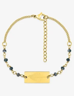 Bracelet fantaisie cristal bleu, petite chaîne et plaque en acier doré SO OR