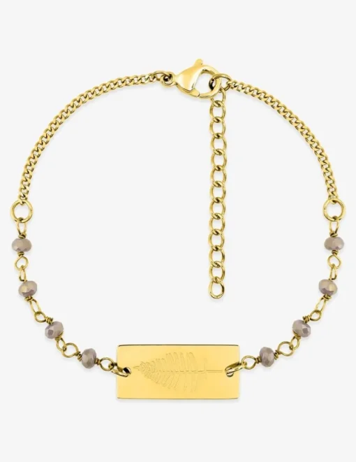 Bracelet fantaisie cristal beige, petite chaîne et plaque en acier doré SO OR