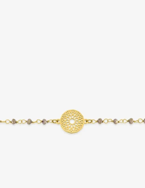 Bracelet fantaisie cristal marron, petite chaîne en acier doré et motif SO OR