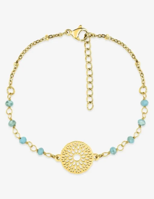 Bracelet fantaisie cristal turquoise, petite chaîne en acier doré et motif SO OR