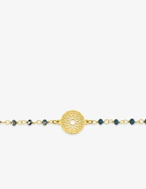 Bracelet fantaisie cristal bleu, petite chaîne en acier doré et motif SO OR