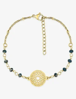 Bracelet fantaisie cristal bleu, petite chaîne en acier doré et motif SO OR