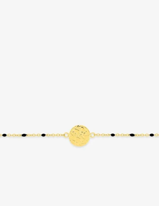Bracelet fantaisie noir, acier doré et motif plaque ronde SO OR